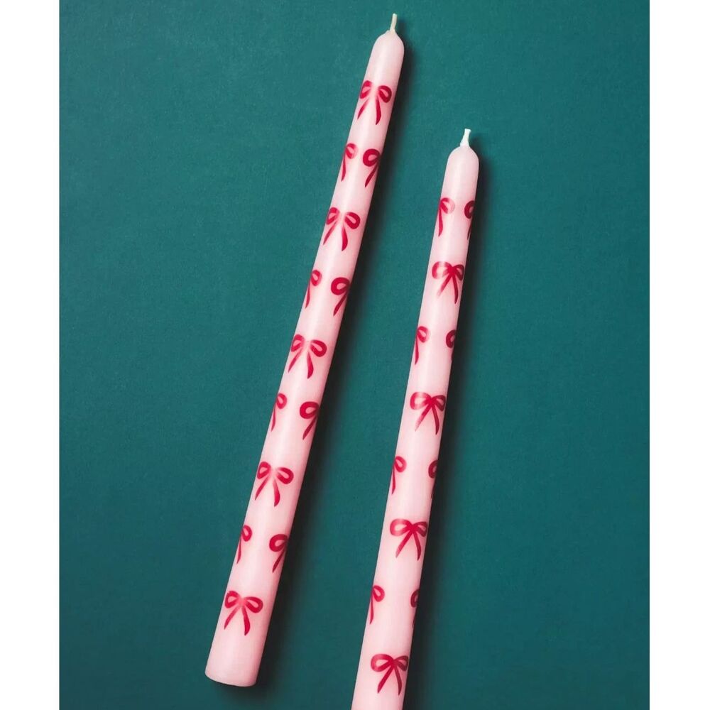 NIB Anthropologie Red and Pink Hand painted Bow Taper Candles Set of 2